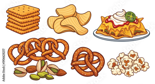 A delightful assortment of savory snack foods, featuring stacked crackers, wavy potato chips, cheesy nachos with toppings, various pretzels, a mix of almonds and pistachios, and popcorn.