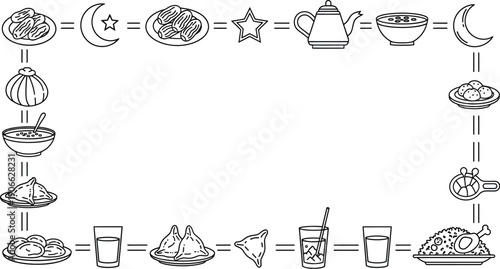 Ramadan-themed frame with traditional dishes and drinks illustrated in a simple line art style