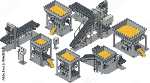 Isometric industrial grain processing machinery set with conveyor belts storage hoppers and food production equipment cad drawing flat vector illustration