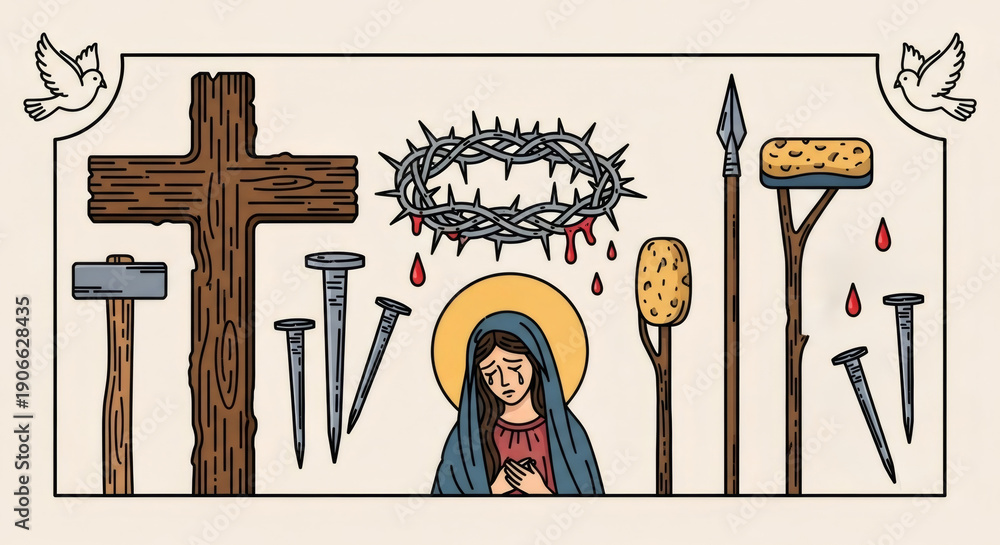 Fototapeta premium Woman Virgin Mary weeping, surrounded by crucifixion symbols. Concept of suffering and sacrifice during Easter and Good Friday. Religious sorrow.