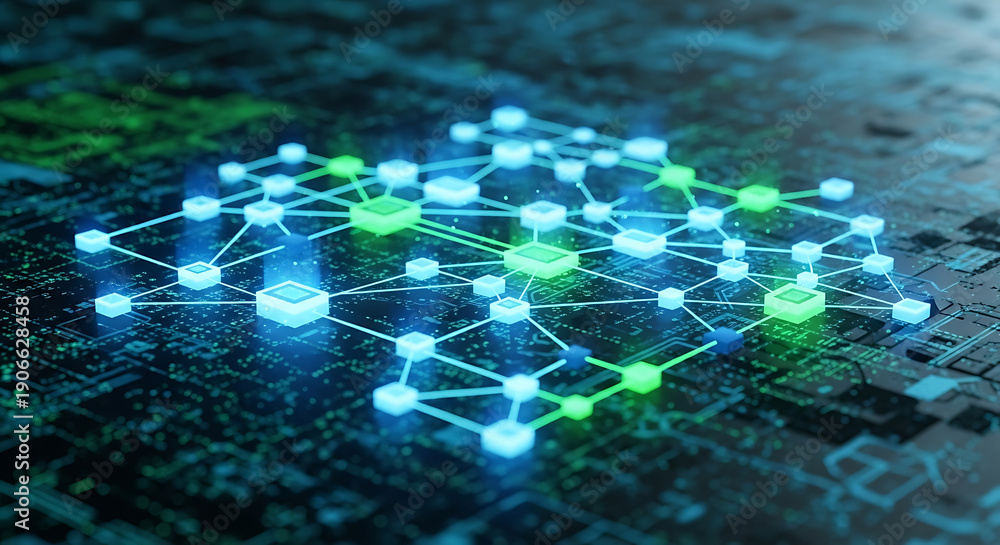 Obraz premium Network connections and data transfer visualized through glowing blue and green nodes on a digital circuit board from a top-down viewpoint