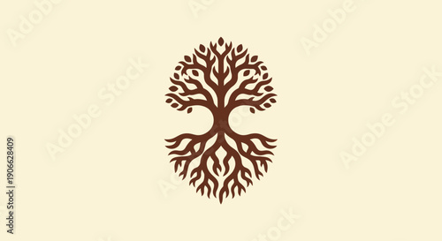 Stylized Tree of Life Symbol with Roots and Branches, Brown on Cream