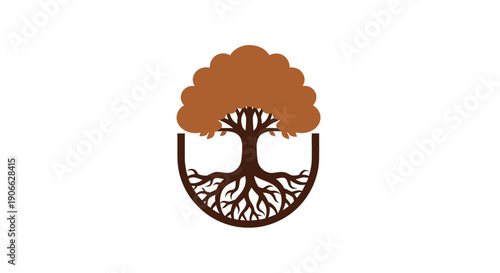 Stylized Tree with Deep Roots and Full Canopy, Isolated on White