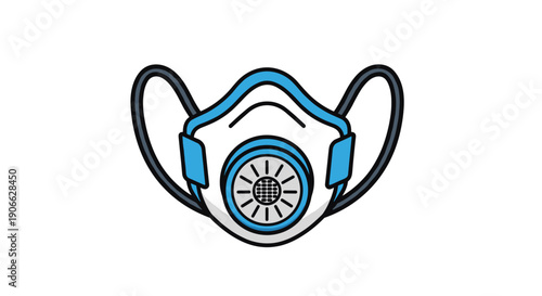 A cartoon-style illustration of a modern respirator mask, featuring a white body with prominent blue accents, black straps, and a distinct central circular filter.