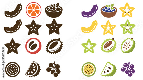 Fruit icons set including various colorful illustrations of tropical fruits