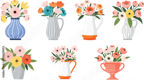 Collection of colorful flower bouquets in various ceramic vases and jugs with roses poppies and spring blossoms flat vector illustration