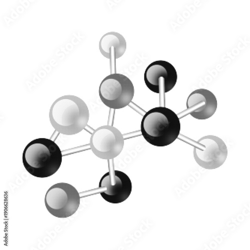 Abstract molecular structure illustration in monochrome halftone style. Science and chemistry concept with connected atoms and bonds, isolated on white background, suitable for technology, research an
