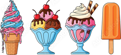 Delicious ice cream collection including soft serve cone sundae with cherries chocolate sauce and orange popsicle cad drawing flat vector illustration