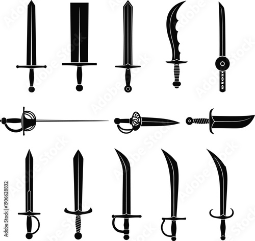 Thirteen Distinct Sword Silhouettes Illustrations Featuring Medieval, Eastern, Curved, Straight and Cultural Blade Designs