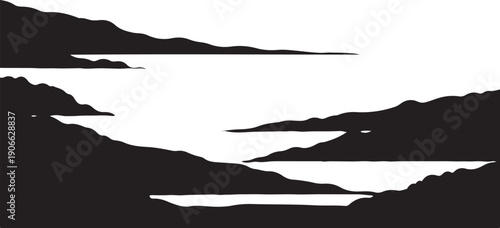 Black and White Silhouette of Serene Mountain Lake Landscape