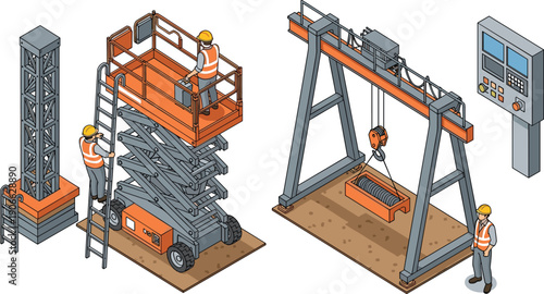 Industrial construction site equipment set with workers scissor lift gantry crane and control panel in isometric flat vector illustration style