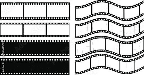 Vintage cinema film strip collection with 35mm negative frames movie borders and wavy cinematic reel effects cad drawing flat vector illustration