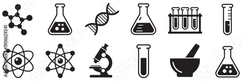 Science laboratory icons set, chemical experiments, lab tools vectors, flasks, pipettes, microscopes, educational symbols, clean white background illustration