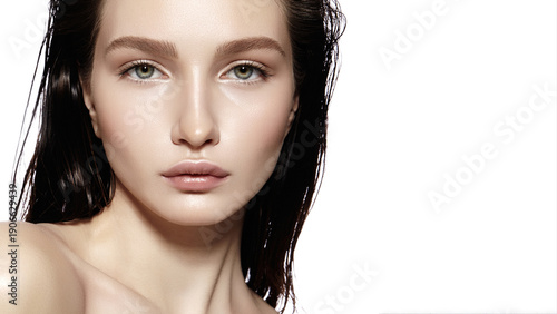 Photography Closeup Dewy Skin Portrait Woman With Subtle Makeup, Wet Hair And Luminous Highl