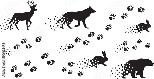 Animal silhouettes with paw prints on white background illustration