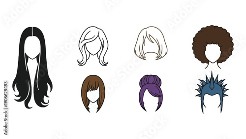 Hair vector illustrations of different styles and colours for design use

