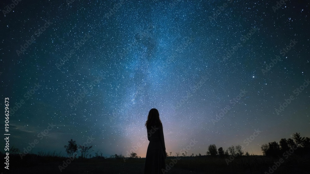 Fototapeta premium A silhouette of a person standing in a field, gazing at a star-filled night sky with the Milky Way visible. Concept Silhouette in a field under a starry Milky Way sky