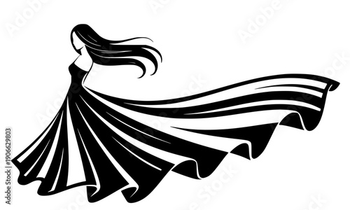 Elegant black silhouette of a graceful woman in a flowing ballgown dress with long hair, perfect for fashion, beauty, boutique, and wedding themed branding and logo designs