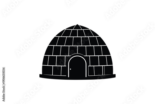 Black igloo with entrance door, flat illustration on plain white background