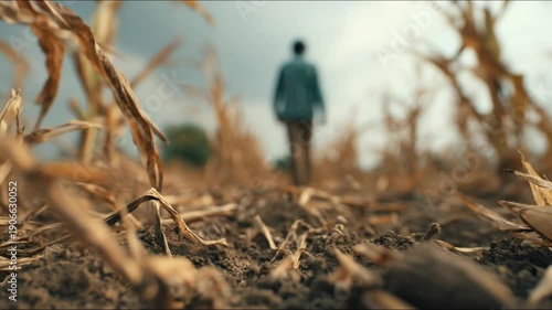 Wallpaper Mural A determined individual traverses a dry cornfield under a cloudy sky, symbolizing the hard work, perseverance, and dedication inherent in agricultural life Torontodigital.ca