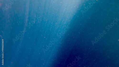Sun rays penetrate the deep blue ocean water. Soft light beams illuminate suspended particles, creating an abstract underwater background with calm atmospheric depth.
