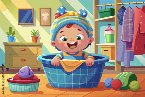 Cute child sitting inside a laundry basket with clothes on her head, playful and beautiful childhood moment, comic scene, lifestyle, interior photography of a bright house