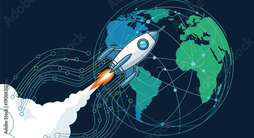 Cartoon illustration depicts a stylized white rocket launching past a glowing digital globe representing global technology connectivity and rapid business expansion