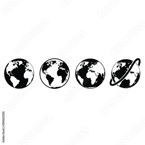 Four distinct black and white illustrations of Earth from space showcasing different views and a ringed planet alongside