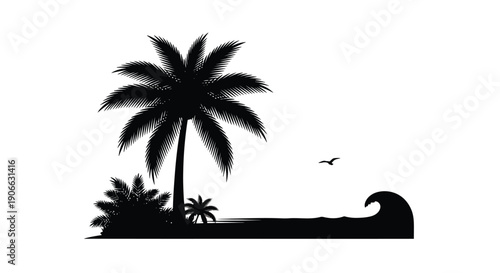 Silhouette of a tropical scene with a palm tree and ocean wave
