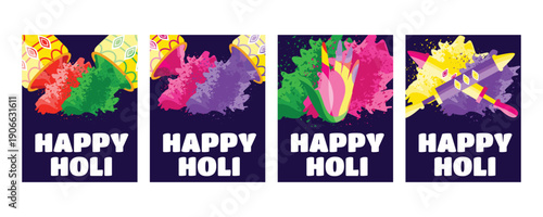 Holi festival greeting set with colorful powder pichkari paint buckets and hands covered in bright colors