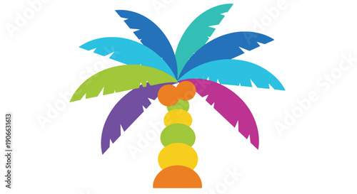 Colorful stylized palm tree illustration with rainbow colored trunk and fronds
