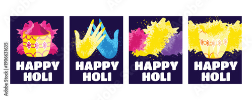 Holi festival greeting set with colorful powder paint buckets and hands covered in bright dry colors