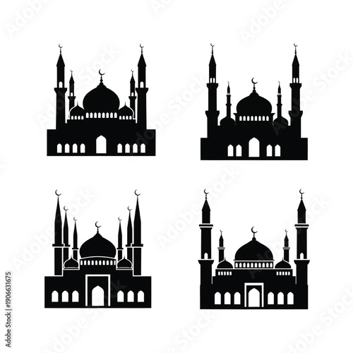 Silhouette illustrations of four different mosque architectures viewed from the front