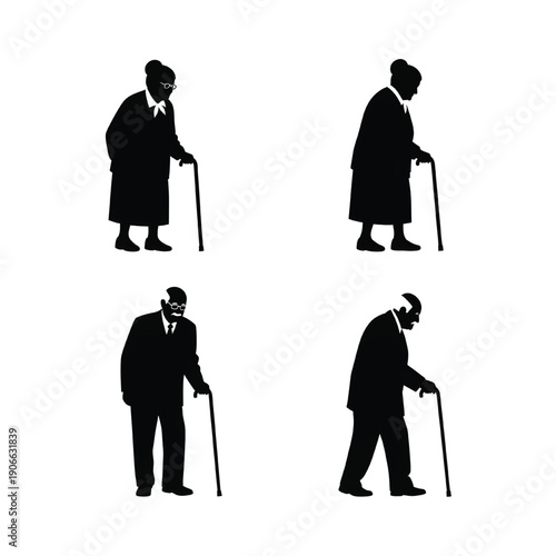Elderly men with canes walking in various postures illustrated in a simple graphic style