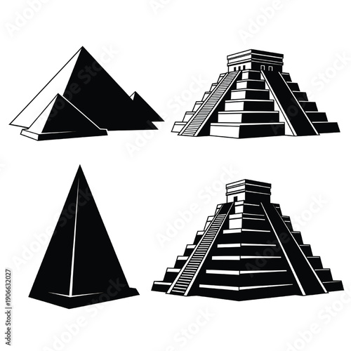 Ancient Mayan pyramids in various styles and structures, showcasing architectural diversity and historical significance from different viewpoints