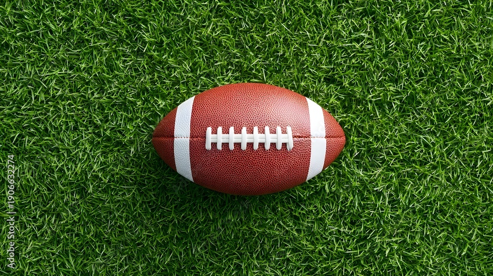Obraz premium Top down view of a classic brown American football with white laces and stripes positioned on a detailed lush green grass sports field