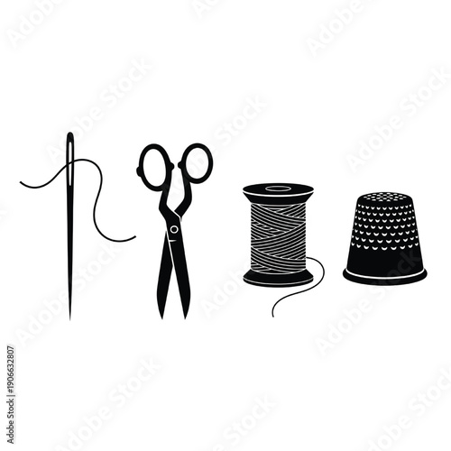 Sewing essentials including needle, scissors, thread, and thimble on a clean background viewed from directly above.