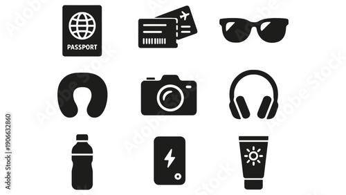 Passport icon with travel related symbols in black silhouette style illustration