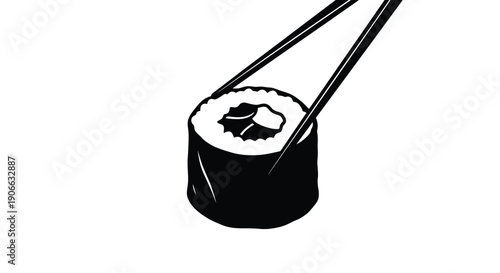 A black and white illustration of sushi held by chopsticks