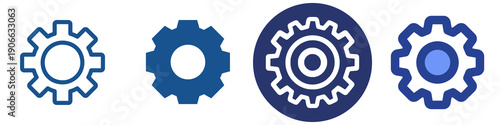 set of four blue gear or cogwheel icons, symbolizing settings, mechanics, technology, and engineering concepts.