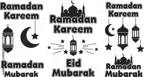 Collection of black and white vector designs for ramadan and eid greetings