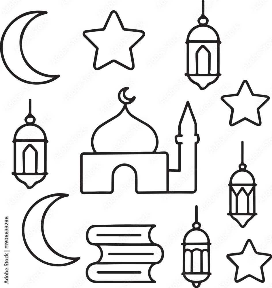 Obraz premium Simple line art icons for ramadan and islamic holidays