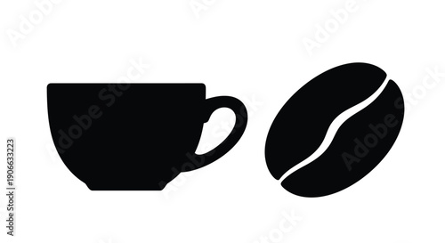Simple black and white illustration of a coffee cup and bean