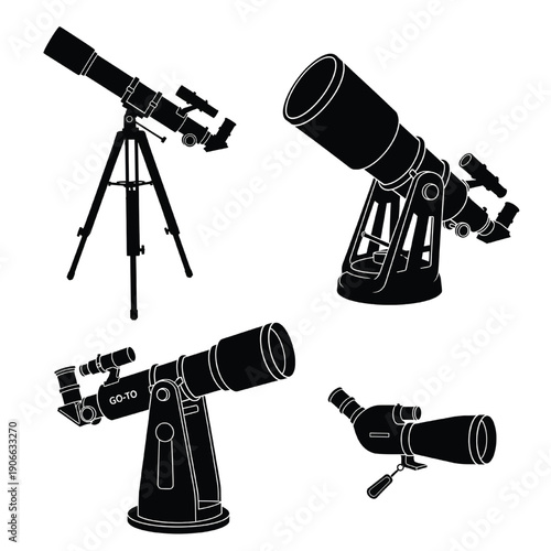 Telescopes on stands arranged in a collage on a plain background from various viewpoints.