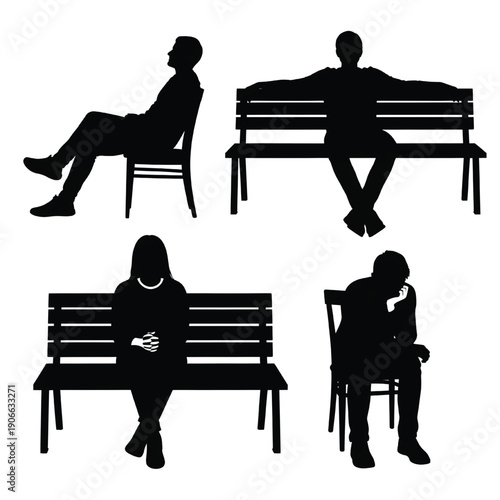 Silhouettes of people sitting alone on benches in a public park viewed from the side