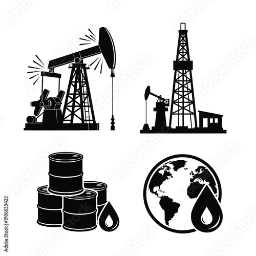 Oil rigs and barrels with a global oil drop symbol illustrating the worldwide oil industry in a simple graphic representation
