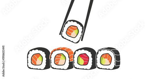 Illustration of sushi rolls and chopsticks on a white background