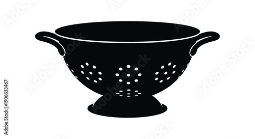A black and white illustration of a metal colander with handles