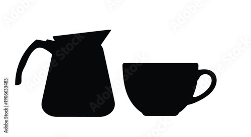 Simple black silhouette of a coffee pot and matching teacup
