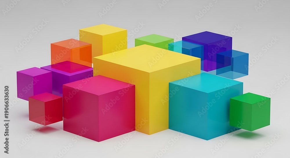 Fototapeta premium Vibrant 3d abstract colorful cubes and blocks design featuring yellow and green square toy bricks in a creative construction box concept on white
